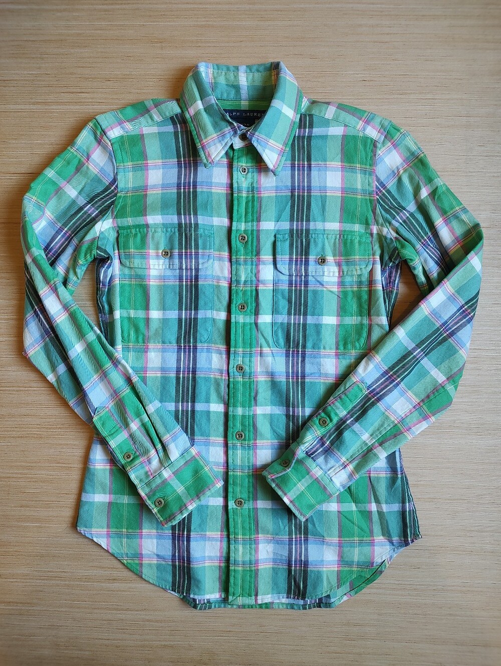 Ralph Lauren Plaid Checked Shirt Buttons Green Blue Pink Cotton Size 4 Flannel